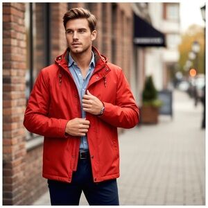 Sulka Men’s Reversible Waterproof Coat with Hideaway Hood. Red/Moss-Green. 42